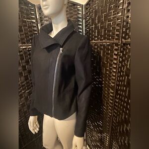 Ann Taylor black wool blend asymmetrical collar, zip Moto jacket size 8